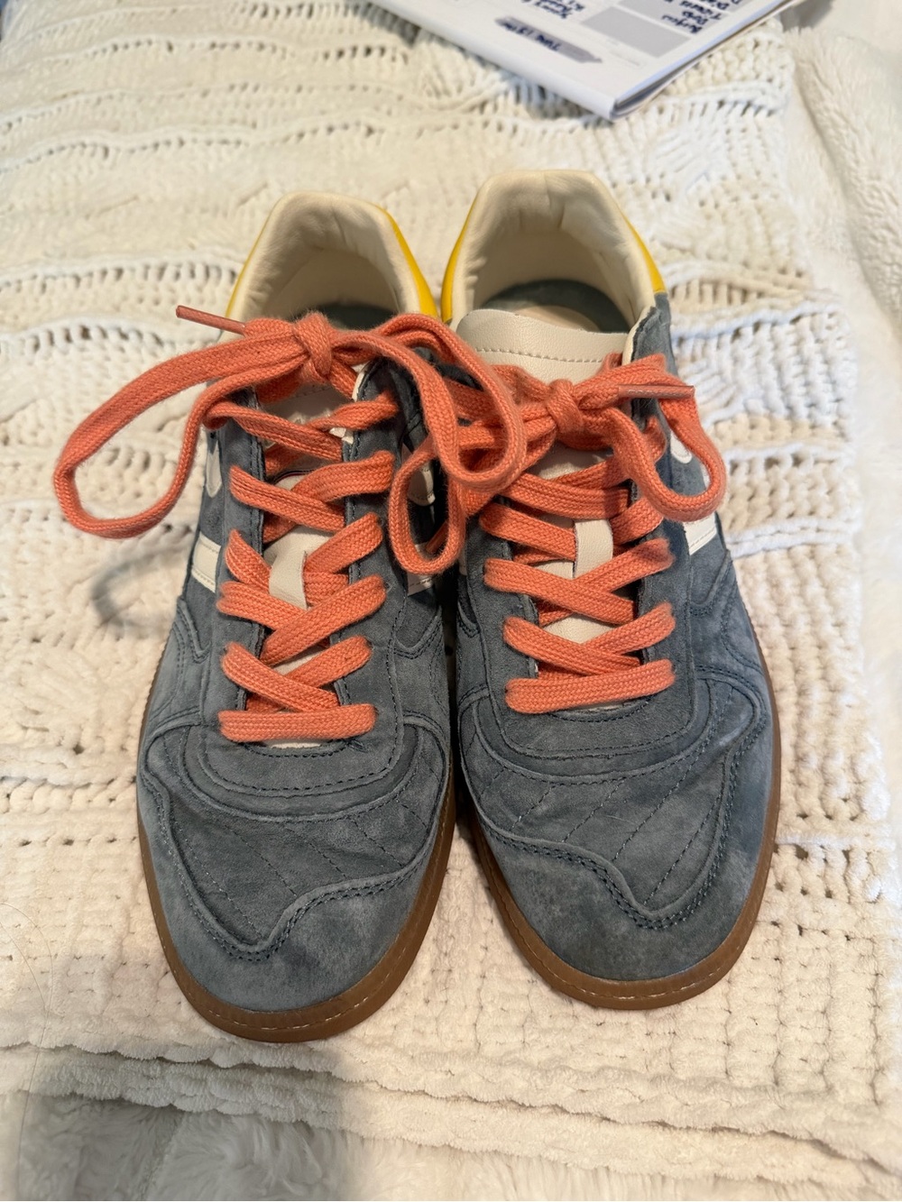 Cool way Gray/blue  Suede Sneakers with Coral Laces and Yellow Heel Accent